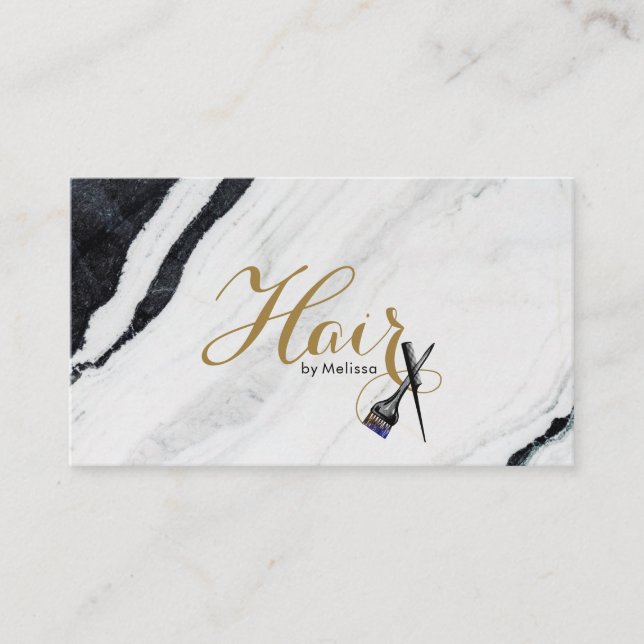 Tarjeta De Visita Moderna Cabello Elegante De Mármol Blanco Y Negro  (Anverso)