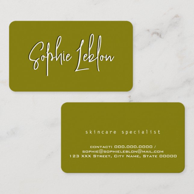 Tarjeta De Visita Moderna caligrafía elegante con oliva en la sombra (Anverso / Reverso)