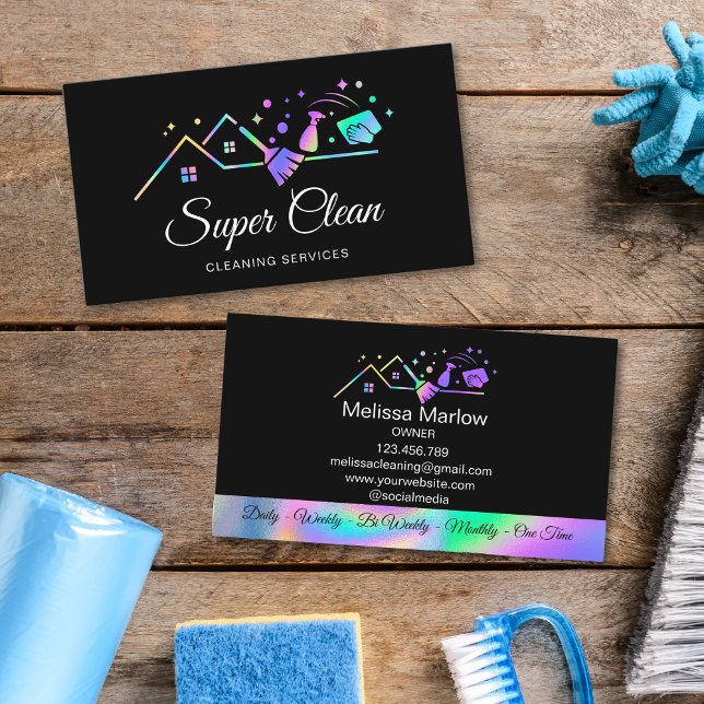 Tarjeta De Visita Moderna Casa Profesional de Limpieza Comercial (holographic cleaning logo on the black background)