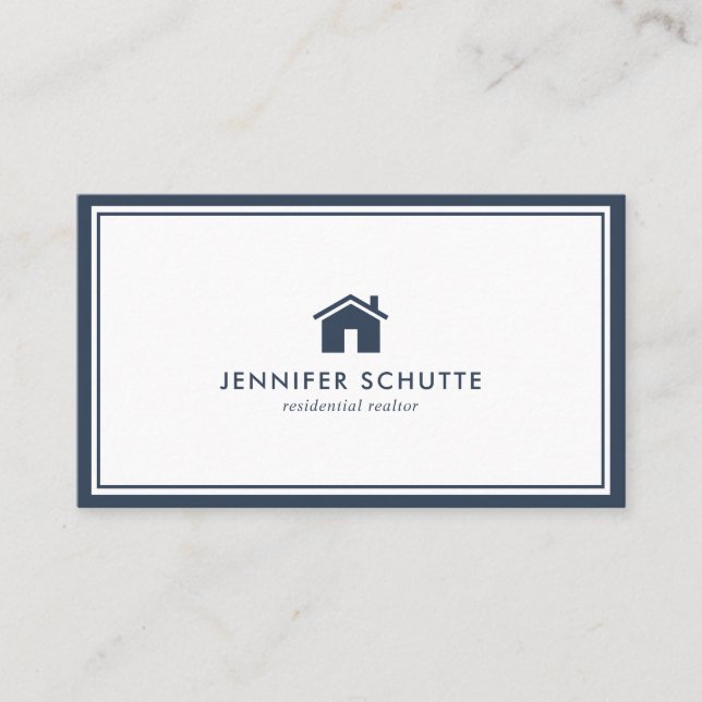 Tarjeta De Visita Moderna Casa Simple Navy Plaid Real Estate Agent (Anverso)