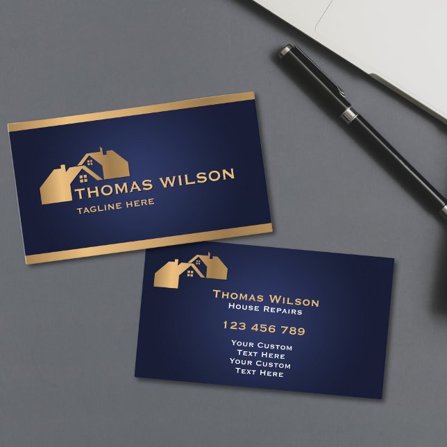 Tarjeta De Visita Moderna Construcción Handyman Carpenter Roof Gold (modern carpenter handyman business cards with navy blue background and gold rooftops)