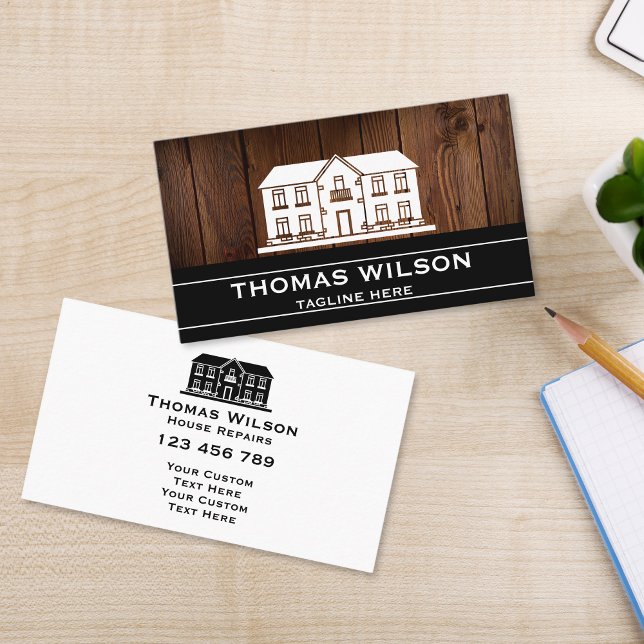 Tarjeta De Visita Moderna Construcción Handyman Carpenter Tools Made (RUSTIC HOUSE ON THE WOOD TEXTURE BACKGROUND HOME REPAIR BUSINESS CARD)