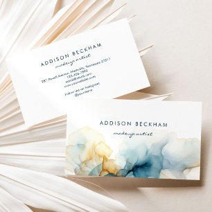 Tarjeta De Visita Moderna elegancia Navy Blue Gold Abstract Watercol