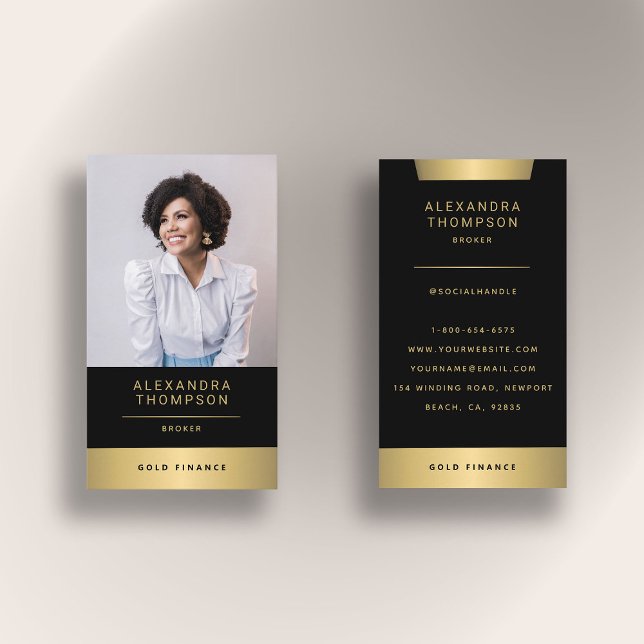 Tarjeta De Visita Moderna elegante banda de oro CEO profesional Foto (real estate photo business card black gold elegant simple modern professional broker agent)