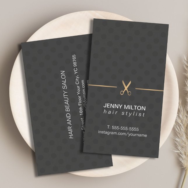 Tarjeta De Visita Moderna Elegante Faux Gold Black Doted Hair Stylis (Subido por el creador)