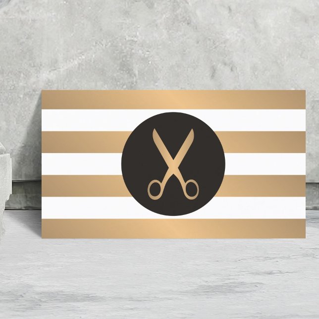Tarjeta De Visita Moderna Elegante Faux Gold Stripe Hair Stylist (Subido por el creador)