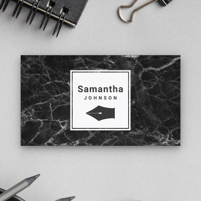 Tarjeta De Visita Moderna Elegante Pluma de Mármol Negro Profesional (Subido por el creador)