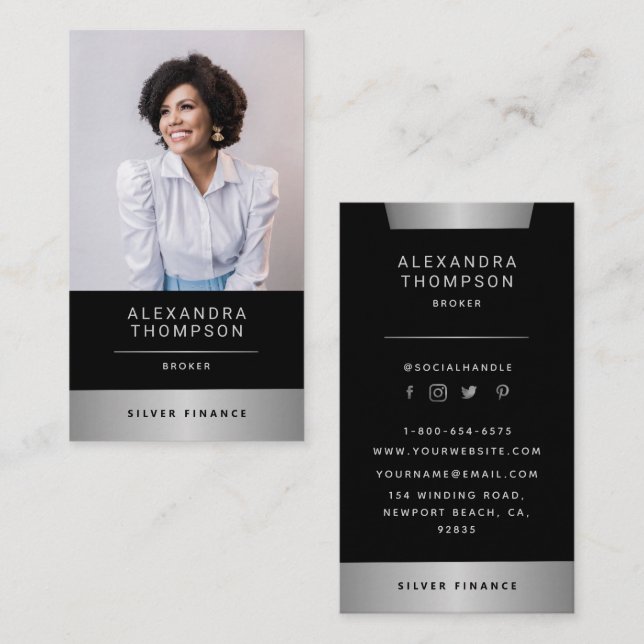 Tarjeta De Visita Moderna elegante raya plateada foto profesional (Anverso / Reverso)