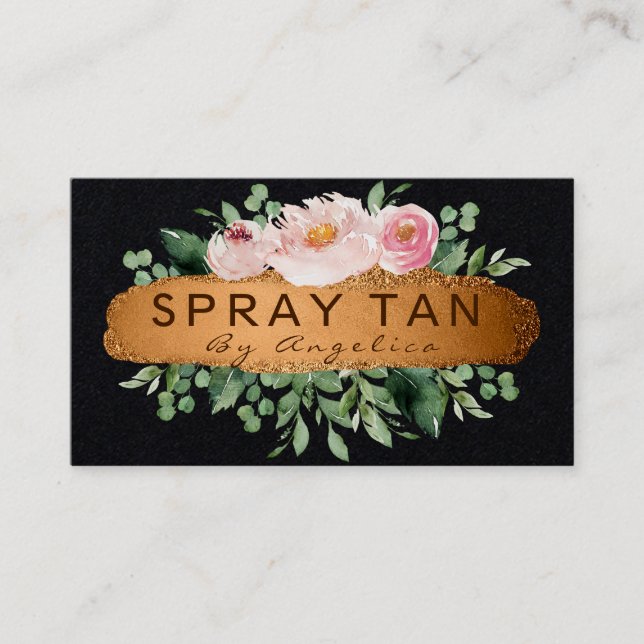 Tarjeta De Visita Moderna Floral Black And Bronze Mobile Spray Tan (Anverso)
