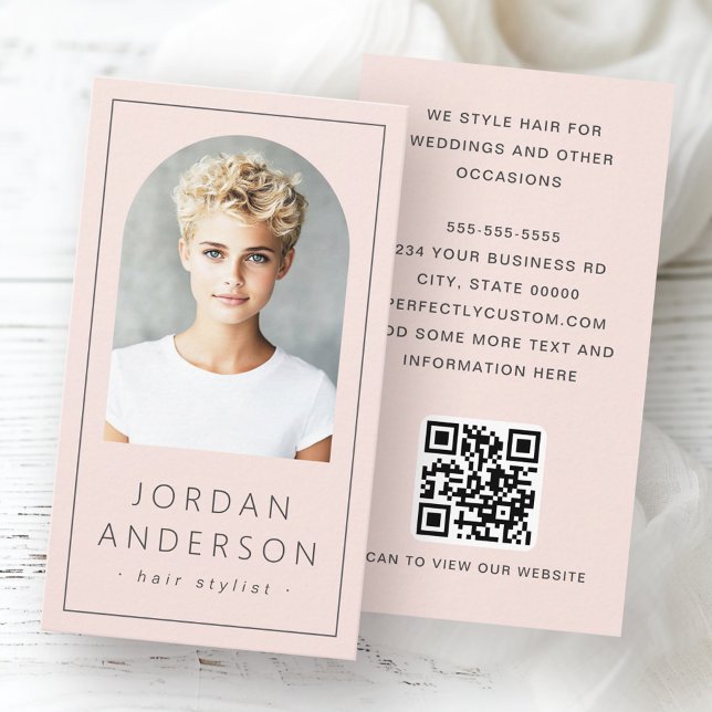 Tarjeta De Visita Moderna foto de arco borde delgado QR código liger (Modern arch photo thin border QR code light pink Business Card)