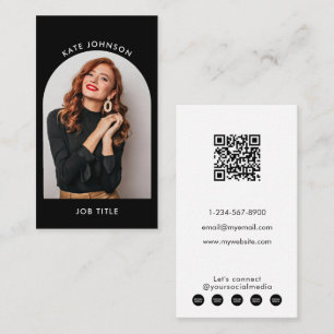Tarjeta De Visita Moderna foto de arco simple código QR blanco negro