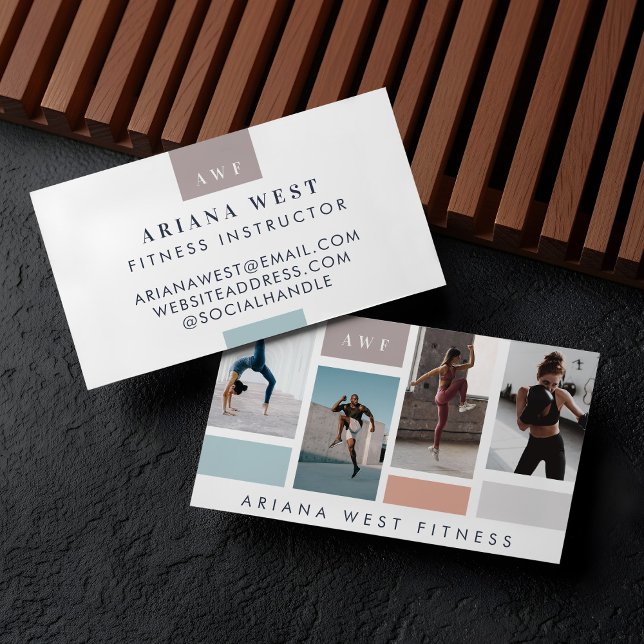 Tarjeta De Visita Moderna Gimnasio del entrenador personal de cuatro (Modern Four Photo Collage Personal Trainer Fitness Business Card)