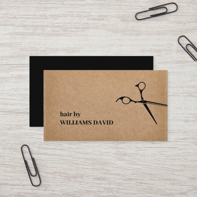 Tarjeta De Visita Moderna Kraft Black Scissors Hair Stylist (Anverso/Reverso In Situ)