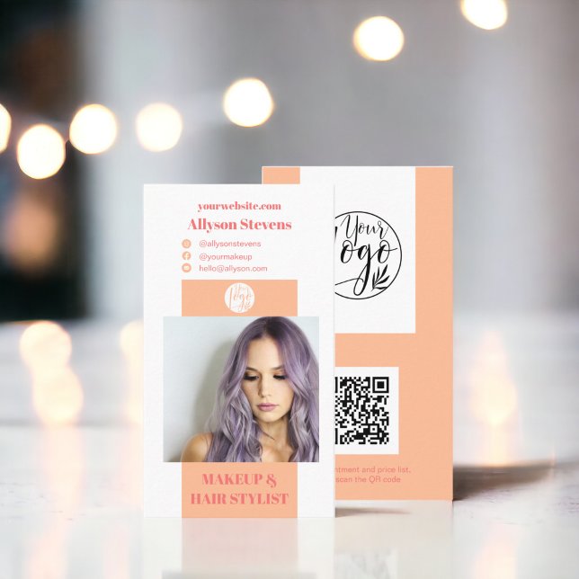 Tarjeta De Visita Moderna maquillaje de melocotón para el pelo foto  (Modern peach makeup hair photo qr code logo business card)