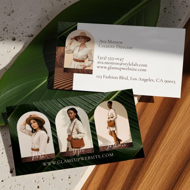 Tarjeta De Visita Moderna Moda Boho Terrestre Foto Arco Collage (Chic Modern Boho Earthy Fashion Photo Arch Collage Business Card)