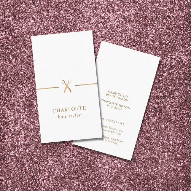 Tarjeta De Visita Moderna Moda elegante Faux Gold White Hair Stylist (Subido por el creador)