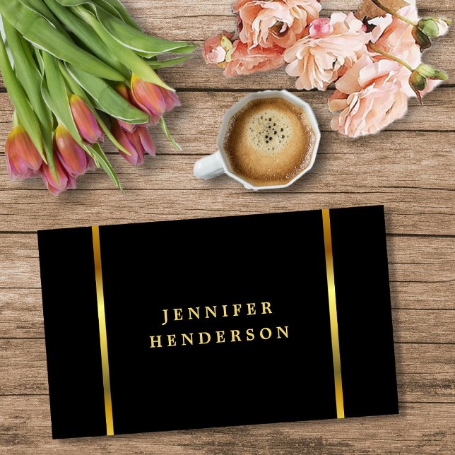 Tarjeta De Visita Moderna moda elegante profesional negro y dorado (Modern stylish chic black and gold professional business card.)