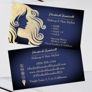 Tarjeta De Visita Moderna moda Navy Blue & Gold Makeup Hairstylist