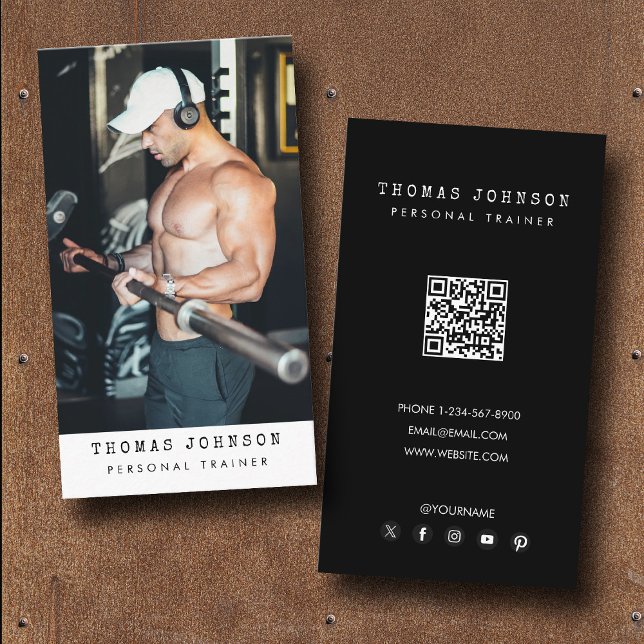Tarjeta De Visita Moderna moda Personal Trainer Fitness Photo Black (Modern Trendy Personal Trainer Fitness Photo Black Business Card)
