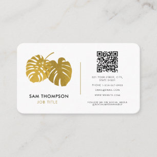 Tarjeta De Visita Moderna Monstera Gold Tropical Código QR Medios So