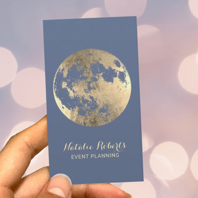 Tarjeta De Visita Moderna Moon Gold Elegant Dusty Blue Event Plannin (Subido por el creador)