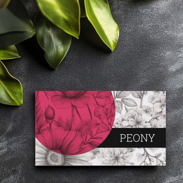 Tarjeta De Visita Moderna negrita florista blanco negro rosa Belleza (Bold and modern business card for florist, black and white sketched flowers and magenta pink circle.)