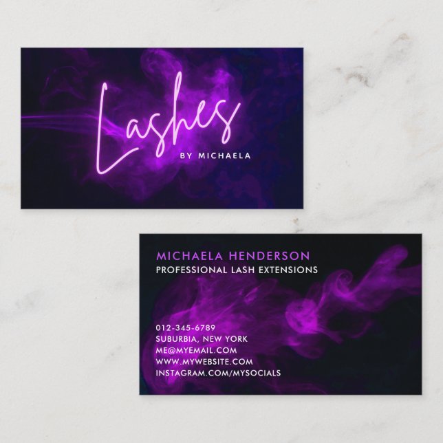 Tarjeta De Visita Moderna Neón Púrpura y Extensiones De Lash/Eyelash (Anverso / Reverso)