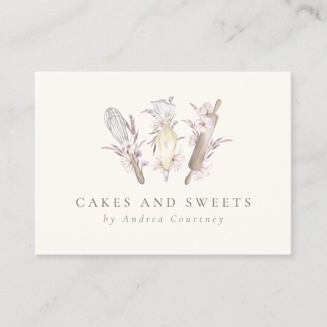 Tarjeta De Visita Moderna Panadería Floral Pastry Chef Baking Utensi (Anverso)