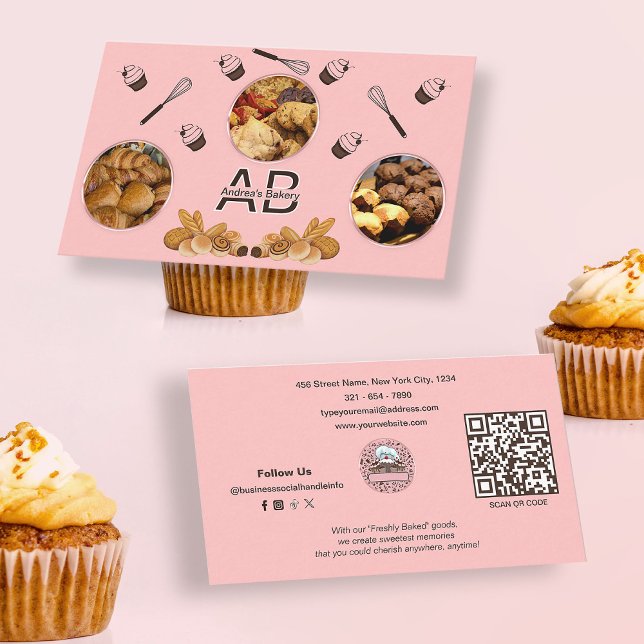 Tarjeta De Visita Moderna panadería rosa con fotos y monograma códig (Subido por el creador)