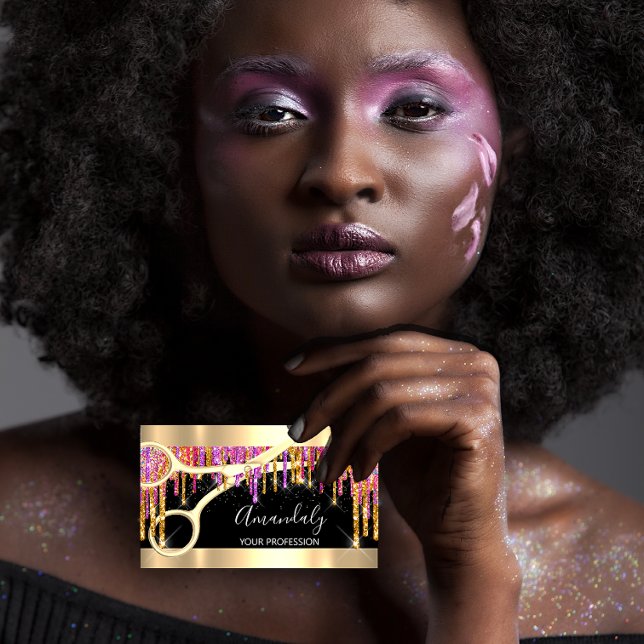 Tarjeta De Visita Moderna Peluquería Tijeras Purpurina Púrpura Negro (Modern Hairdresser Scissors Purple Glitter Black Business Card)