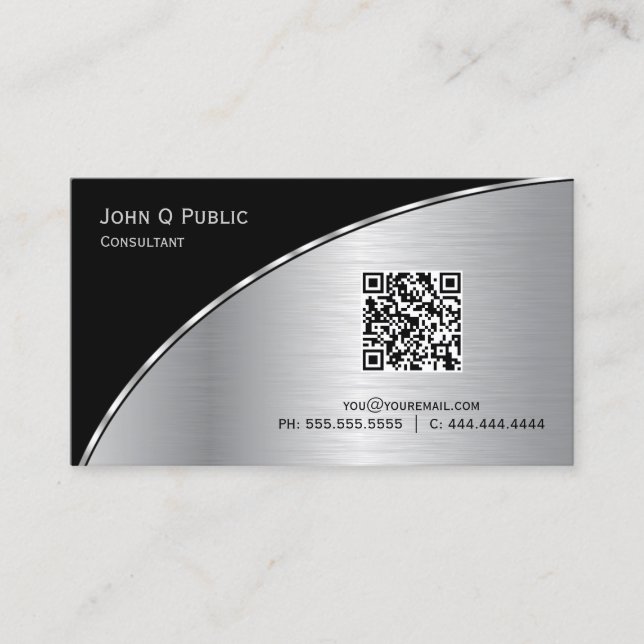 Tarjeta De Visita Moderna Plata Negra QR Elegante Profesional (Anverso)