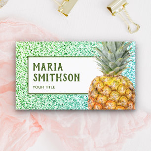 Tarjeta De Visita Moderna Purpurina Faux Green Tropical Pineapple