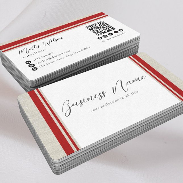 Tarjeta De Visita Moderna red social Retro Faux Linen QR Code (Subido por el creador)