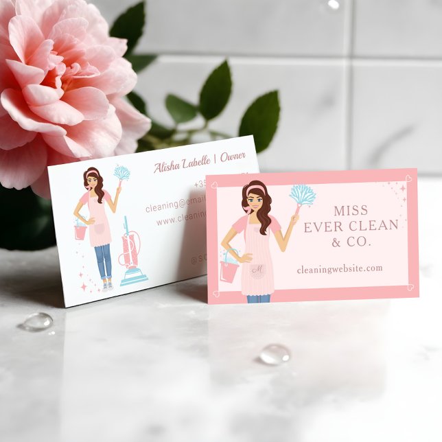 Tarjeta De Visita Moderna servicio de limpieza de mujeres  (Modern Pretty Woman Cleaning & Maid Services Busin Business Card)