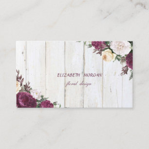 Tarjeta De Visita Moderna Textura de Madera Floral Borgoña Rústica