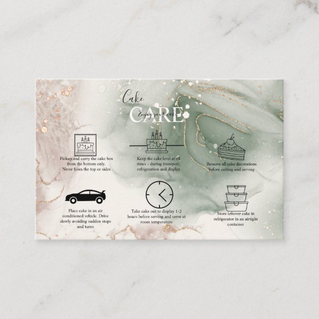 Tarjeta De Visita Moderna y elegante acuarela Green y Gold Cake Care (Anverso)