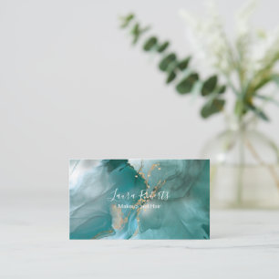 Tarjeta De Visita Moderna y elegante acuarela Verde azulada y dorada
