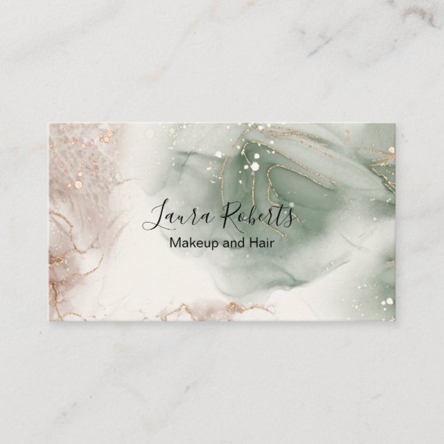 Tarjeta De Visita Moderna y elegante acuarela verde y dorado (Anverso)