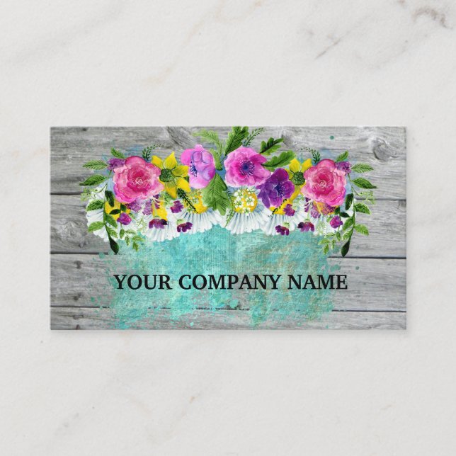 Tarjeta De Visita Moderna Y Elegante Madera Floral Turquesa acuarela (Anverso)