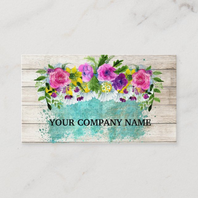 Tarjeta De Visita Moderna Y Elegante Madera Floral Turquesa acuarela (Anverso)