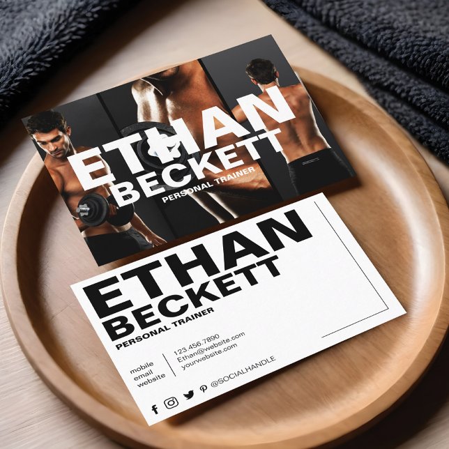 Tarjeta De Visita Moderna y moderna Gimnasio de entrenador personal  (Modern & Trendy Personal Trainer Fitness 3 Photo Business Card)