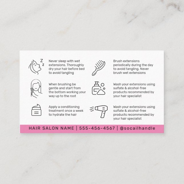 Tarjeta De Visita Modernas extensiones de pelo rosado simple después (Reverso)