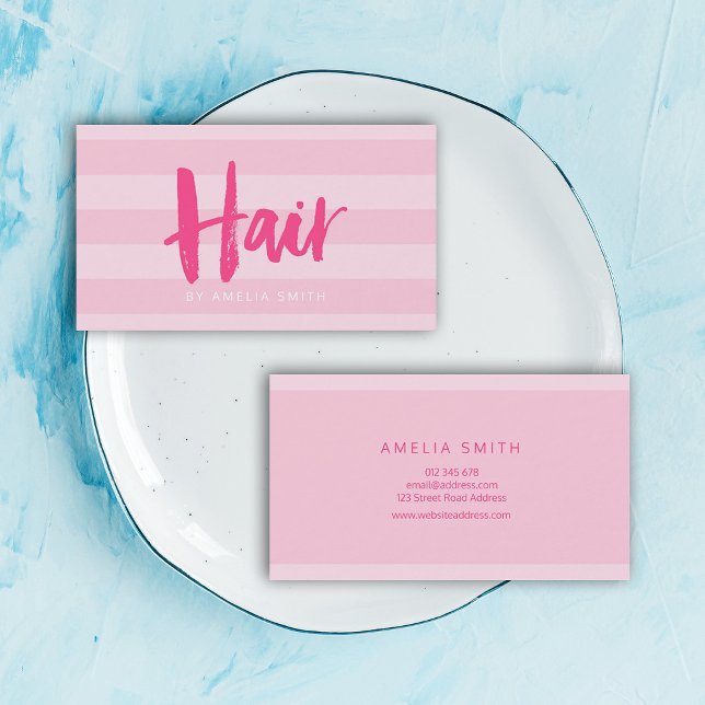 Tarjeta De Visita Modernas rayas rosadas Cepillo Guión Salón de pelo (Subido por el creador)