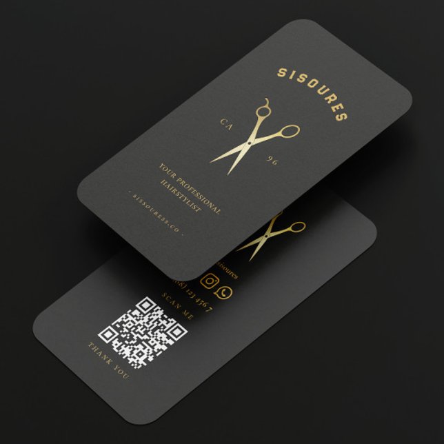 Tarjeta De Visita Modernas tijeras de oro Barbershop QR (Subido por el creador)
