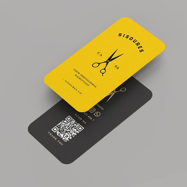 Tarjeta De Visita Modernas tijeras negras barberinas estilo pedernal (Modern Hairstylist Barber Yellow Black Scissors Business Card
)