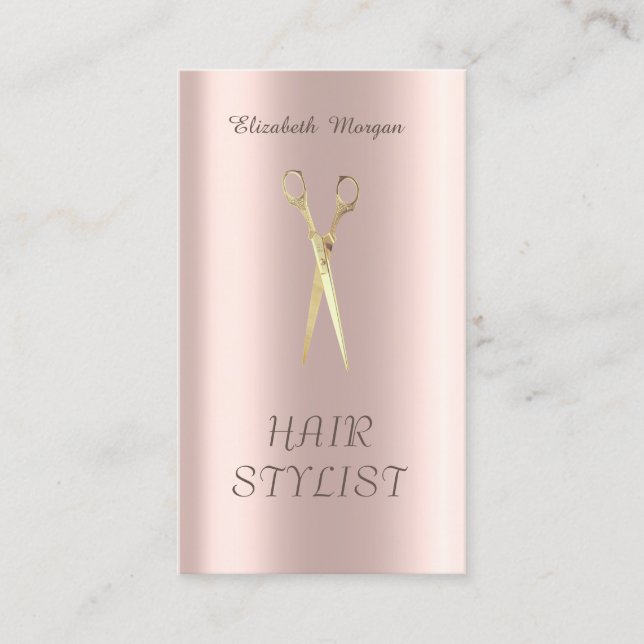 Tarjeta De Visita Modernas y elegantes, simples tijeras de oro Subió (Anverso)