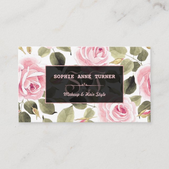 Tarjeta De Visita Moderno acuarela Floral Rosa Artista de maquillaje (Anverso)