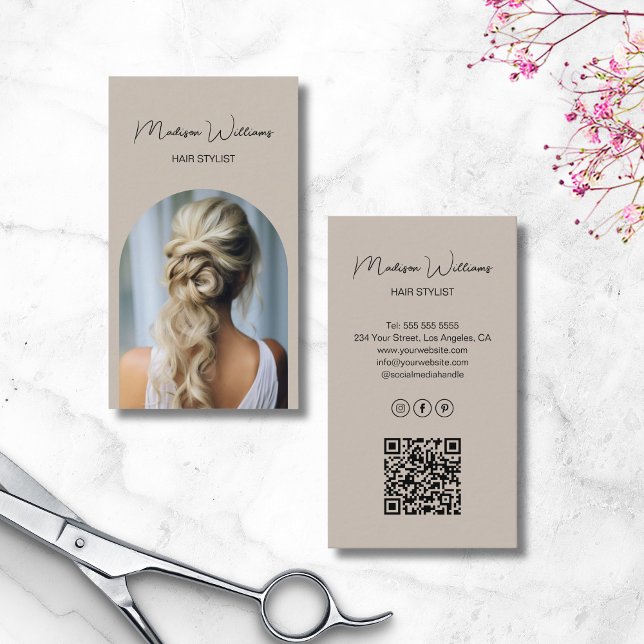 Tarjeta De Visita Moderno Arco De Estilo Cabello Foto Beige (Hair Stylist Modern Arch Photo Beige Business Card)