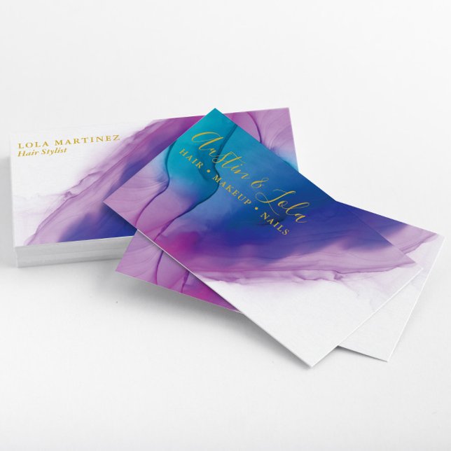 Tarjeta De Visita Moderno arte Verde azulado azul morado abstracto (Stacked Modern Teal Blue & Purple Professional Business Cards—Front & Back)