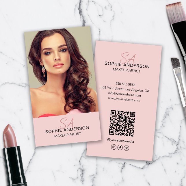 Tarjeta De Visita Moderno artista de maquillaje en monograma foto ro (Modern Monogram Makeup Artist Photo Pink Business Card)